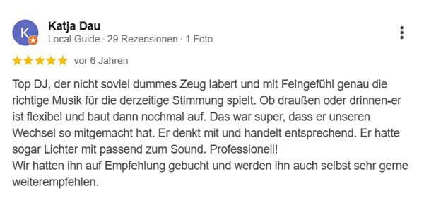 Google Bewertung von Katja Dau - auch sie war begeistert von DJ André, der ihre Hochzeit zu fairem Preis in Rostock rockte